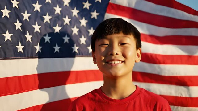 Smiling Asian American boy standing before waving US flag at sunset, patriotic child celebrating Independence Day or Memorial Day, representing diversity and national pride.