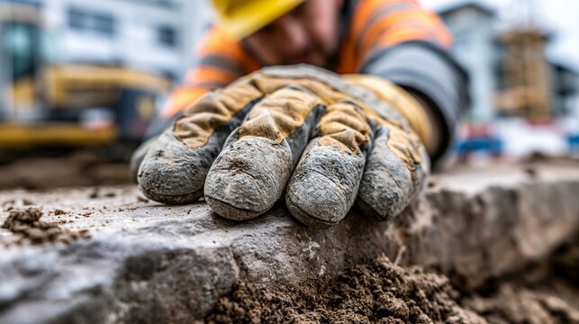 Ein Bauarbeiter mit Arbeitshandschuhen greift mit beiden H&auml;nden in schmutzige Erde auf einer Baustelle.