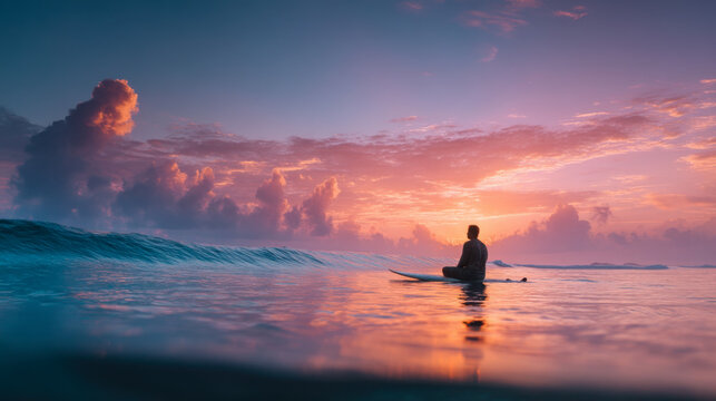 Lone surfer sitting on a surfboard in the ocean watching a peaceful colorful sunrise