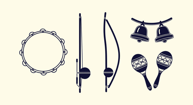 Vector Collection of Musical Instruments Icons featuring Tambourine Berimbau Maracas and Bells