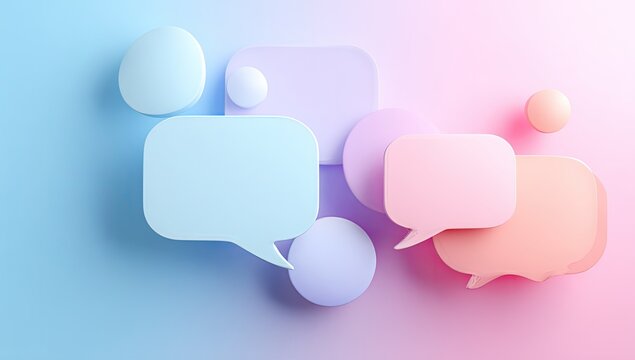 Soft, rounded speech bubbles in pastel colors float on a gradient background