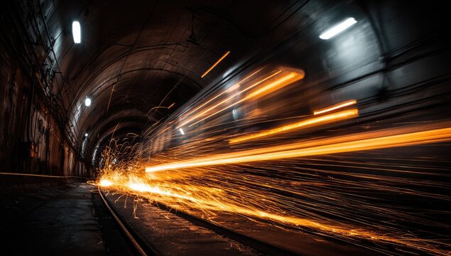 Motion blur of bright orange sparks trailing a fast-moving object in a dark tunnel
