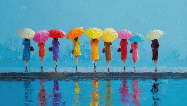 Vibrant figures with colorful umbrellas reflect on a wet, blue surface