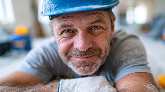 &Auml;lterer Bauarbeiter mit Schutzhelm l&auml;chelt entspannt in die Kamera und st&uuml;tzt sich mit den Armen ab.