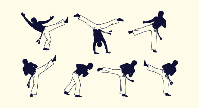 Vector set of capoeira fighter silhouettes performing various martial arts kicks and acrobatic moves