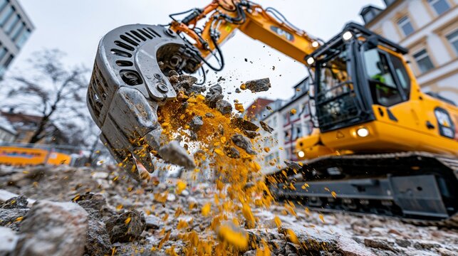 Ein gelber Bagger mit Fr&auml;skopf bearbeitet bei einem Stra&szlig;enbauprojekt im st&auml;dtischen Bereich das Erdreich.