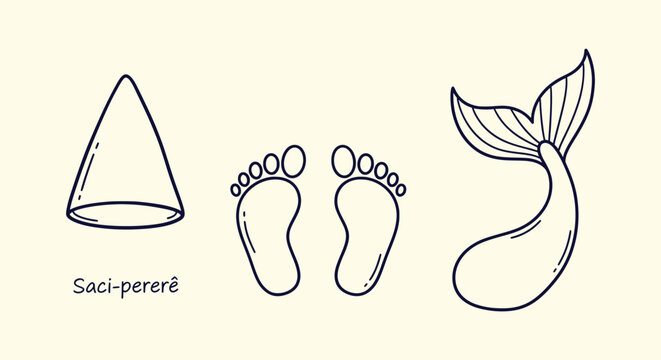 Brazilian Folklore Icons Set featuring Saci-Perere Hat Mermaid Tail and Footprints Line Art Design