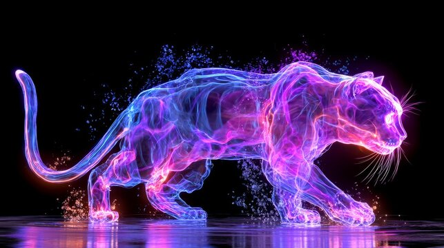 Celestial cat figure sparkles with cosmic energy light. Glowing feline animal features magical smoke and fire effects. Artistic energy cat illustration offers dreamy fantasy wallpaper.