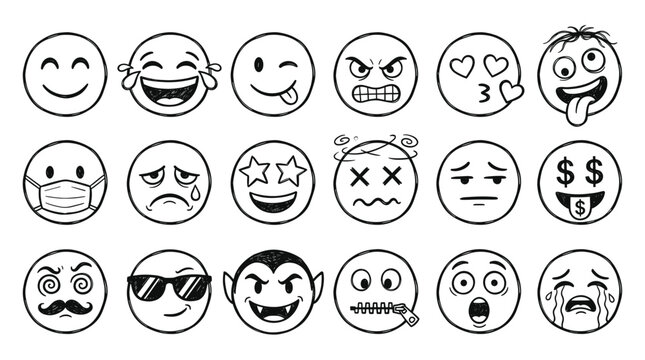 Social media emotion, emoji sticker set, whimsical sketch, laughing faces, angry expressions, crying, cool, surprised, and funny characters