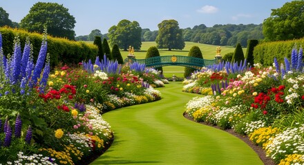 Obraz premium Bright summer sun bathes a curving lawn corridor lined with exuberant mixed borders and clipped evergreens, leading the eye toward a painted garden bridge and open pastures that evoke storybook charm 