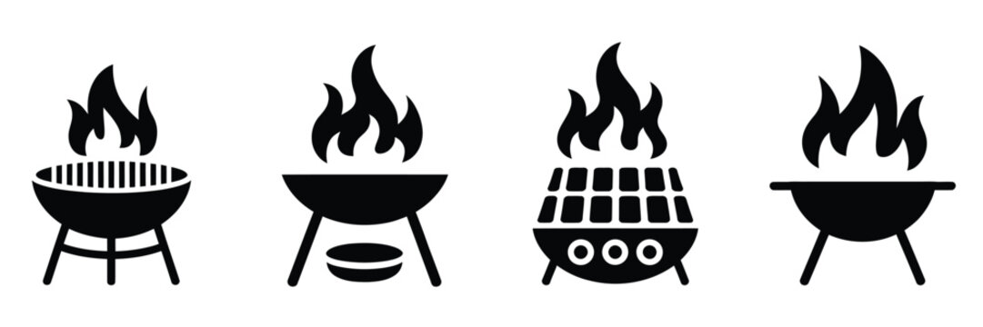 Set of black barbecue grill icons featuring various charcoal burner styles with hot fire flames for backyard summer cooking design elements.