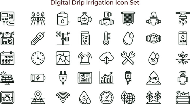 Digital drip irrigation icon set for smart farming automation water management and agricultural monitoring systems