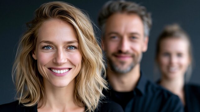 Eine l&auml;chelnde blonde Frau steht im Vordergrund, w&auml;hrend zwei weitere Personen unscharf im Hintergrund zu sehen sind, alle in dunkler Kleidung.