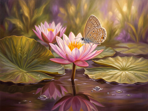 Butterfly on Pink Water Lily Fine Art Oil Painting