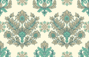 Jade teal and taupe Victorian baroque damask with acanthus medallion on ivory cream — seamless design for luxury wallpaper and upholstery A stately allover damask repeat in jade teal and warm taupe on © Thitichot