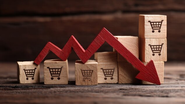 Concept of Declining Sales and Economic Downturn Represented by Shopping Cart Blocks and Red Arrow.