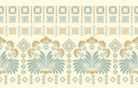 Peacock teal and amber gold Ottoman multi-band border with ogee paisley on cream &mdash; seamless ethnic design for saree dupatta textile A richly layered horizontal multi-band border in peacock teal and am