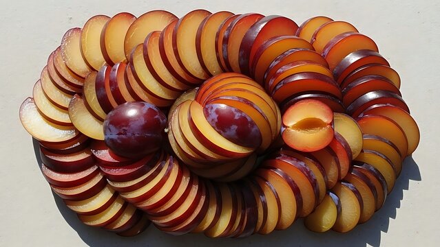 Artistic spiral arrangement of sliced fresh plums on white background