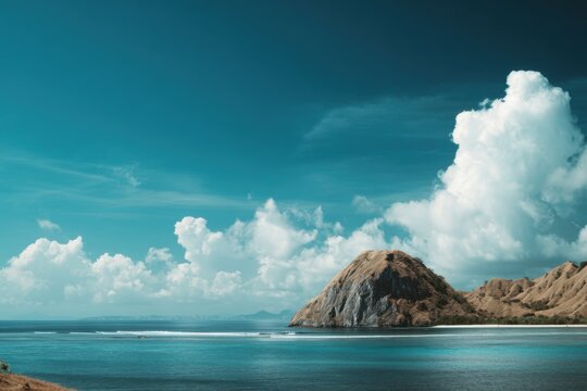 An island stands in the ocean under a clear blue sky with a few clouds, showing sand and rock near the shoreline