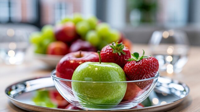 Eine Glasschale mit frischen Fr&uuml;chten, darunter gr&uuml;ner Apfel, Erdbeeren und Weintrauben, steht auf einem Serviertablett.