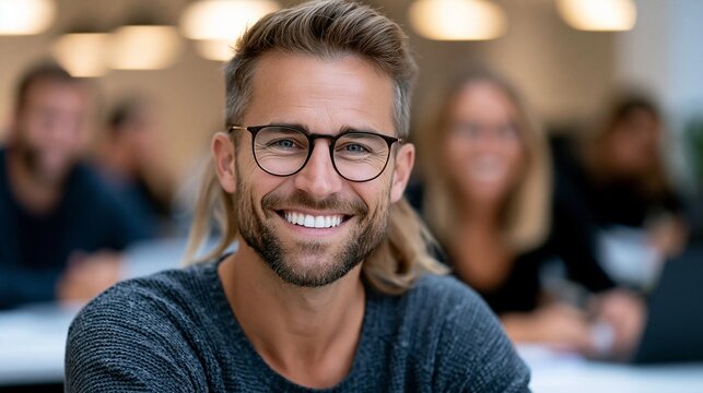 Ein l&auml;chelnder junger Mann sitzt in einem Meeting-Raum und h&ouml;rt aufmerksam zu, w&auml;hrend andere Menschen im Hintergrund sitzen.