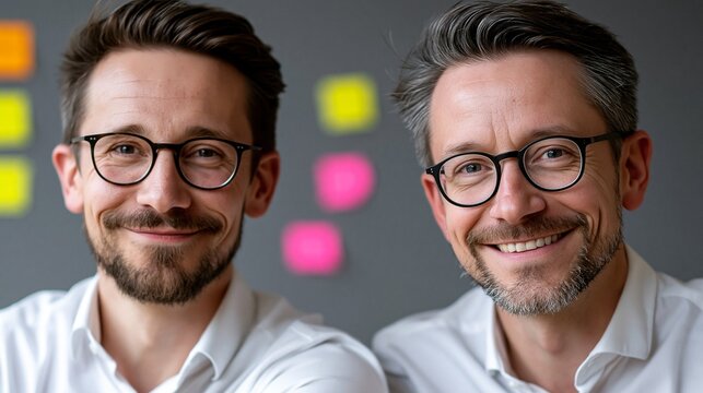 Zwei l&auml;chelnde M&auml;nner mit Brillen posieren gemeinsam vor einer Wand mit bunten Haftnotizen.