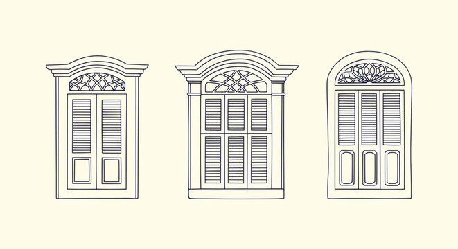 Vintage Colonial Window Frames Collection with Louvered Shutters and Decorative Arched Transoms Line Art