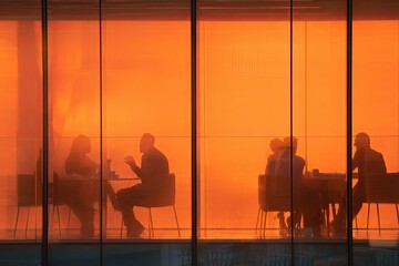 Naklejka premium Silhouetted figures gather in a warmly lit, modern office space
