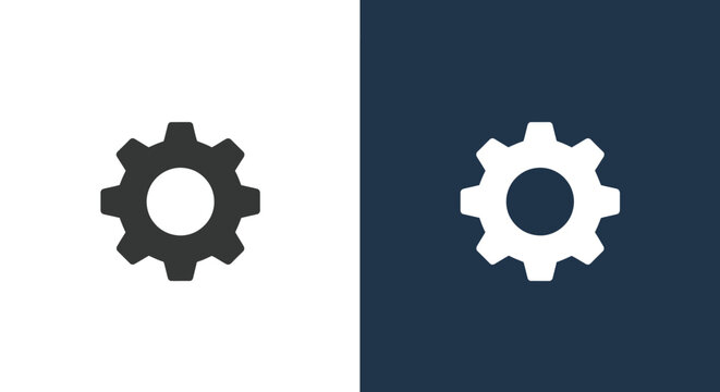 Two gear icons one dark gray and one white on white and dark blue backgrounds respectively.