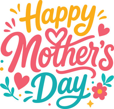 Happy Mothers Day playful typography with flower and heart flat vector illustration