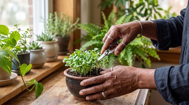 Harvesting and trimming microgreens with scissors in a small pot for kitchen herb garden banner and homegrown produce background