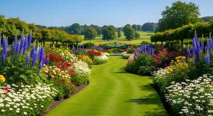 Obraz premium Graceful garden avenue of velvety lawn curves through rich borders of blue spires, golden roses and white daisies, framed by leafy arbours and sweeping meadows that create a dreamy, timeless country‑e