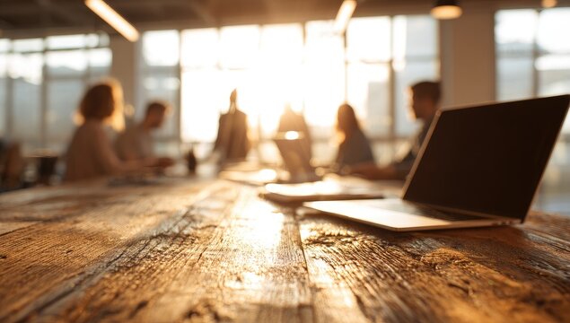 Warm sunlight illuminates a blurred office meeting around a wooden table