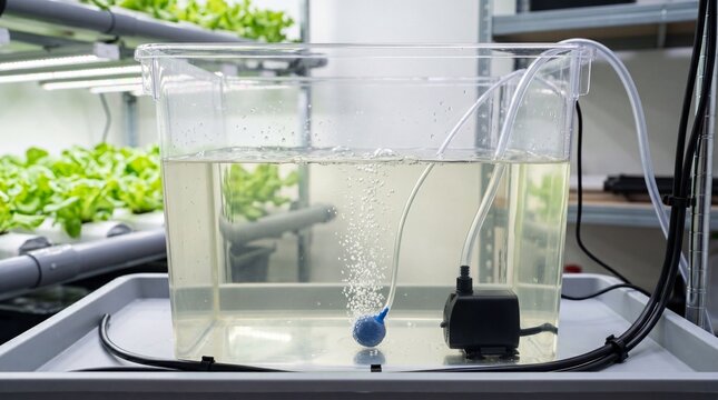 Hydroponic nutrient reservoir with air pump and tubing for indoor gardening system background and equipment banner design