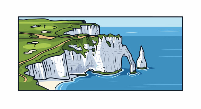 Coastal cliffs with an arch, a sea stack, and a golf course on top