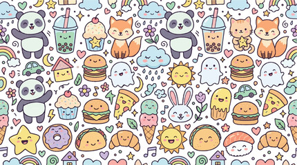 Fototapeta premium Colorful illustration of cute animals food and decorative elements