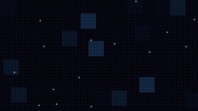 Digital grid and squares composition: A cool, futuristic digital design featuring a grid background embellished with multiple, randomly scattered, squares, and small circles, all in shades of blue.