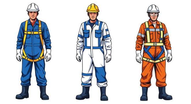 Industrial construction worker characters in safety gear, professional engineers wearing hard hats and reflective vests, set of 3 male technician vectors