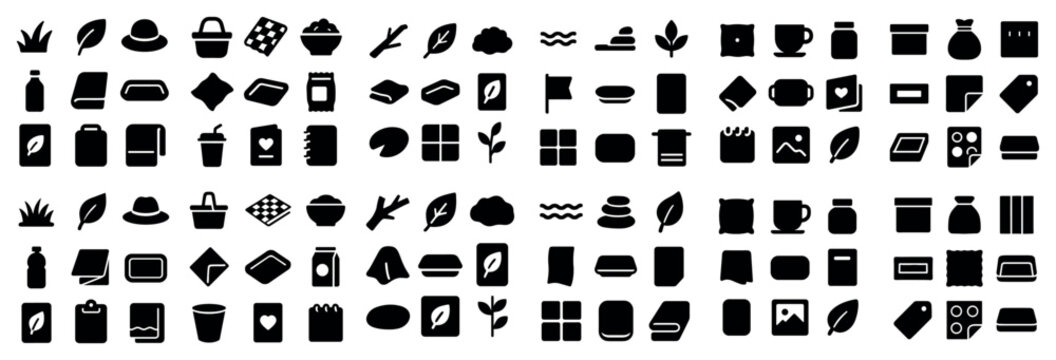 Nature and household icon set with leaf hat bag for web ui in minimal vector art