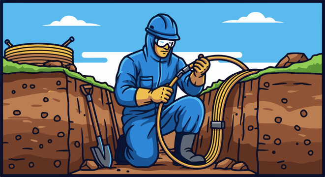 Construction worker connects cable in a trench