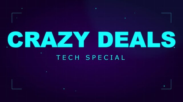 Crazy Deals Tech Special promotional video title, neon blue typography on dark purple background, digital marketing sales banner for electronics