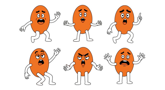 Funny egg cartoon character set with 6 expressive poses, orange oval mascot with various facial expressions, cute food character vector collection