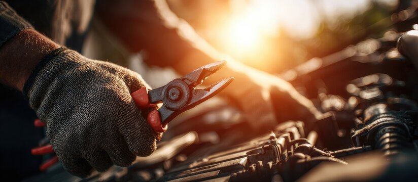 Close-up of hands wearing work gloves using pliers to repair a motorcycle engine with warm sunlight flare.