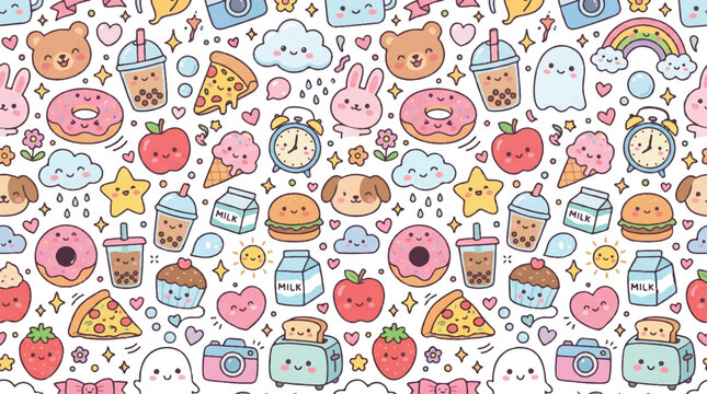 Colorful kawaii pattern food animals and objects illustration