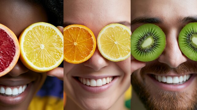 Drei l&auml;chelnde Menschen halten sich je eine aufgeschnittene Frucht vor die Augen &ndash; Grapefruit, Orange, Zitrone und Kiwi.
