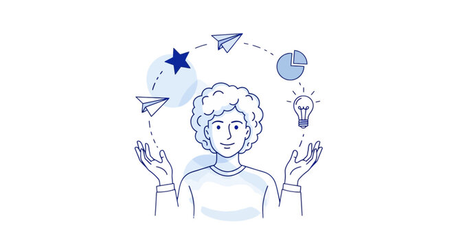 Minimalist business multitasking concept vector, woman juggling work icons and creative ideas, blue line art illustration for productivity and management