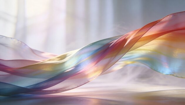 Drifting pastel chiffon ribbon catching light over reflective studio table, with soft curtains