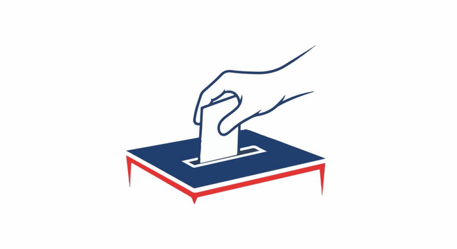 Hand casts ballot into a dark blue voting box with red trim