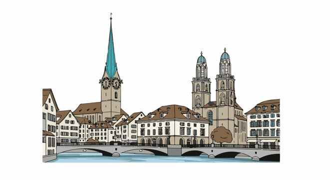 Sketchy illustration of a city skyline with a prominent church spire and a river