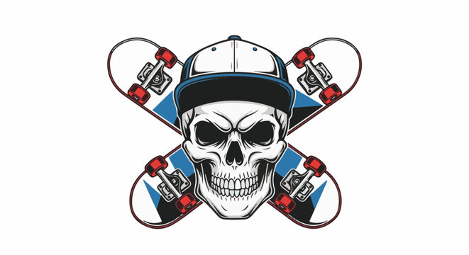 Skull wearing a backward baseball cap with two skateboards behind it